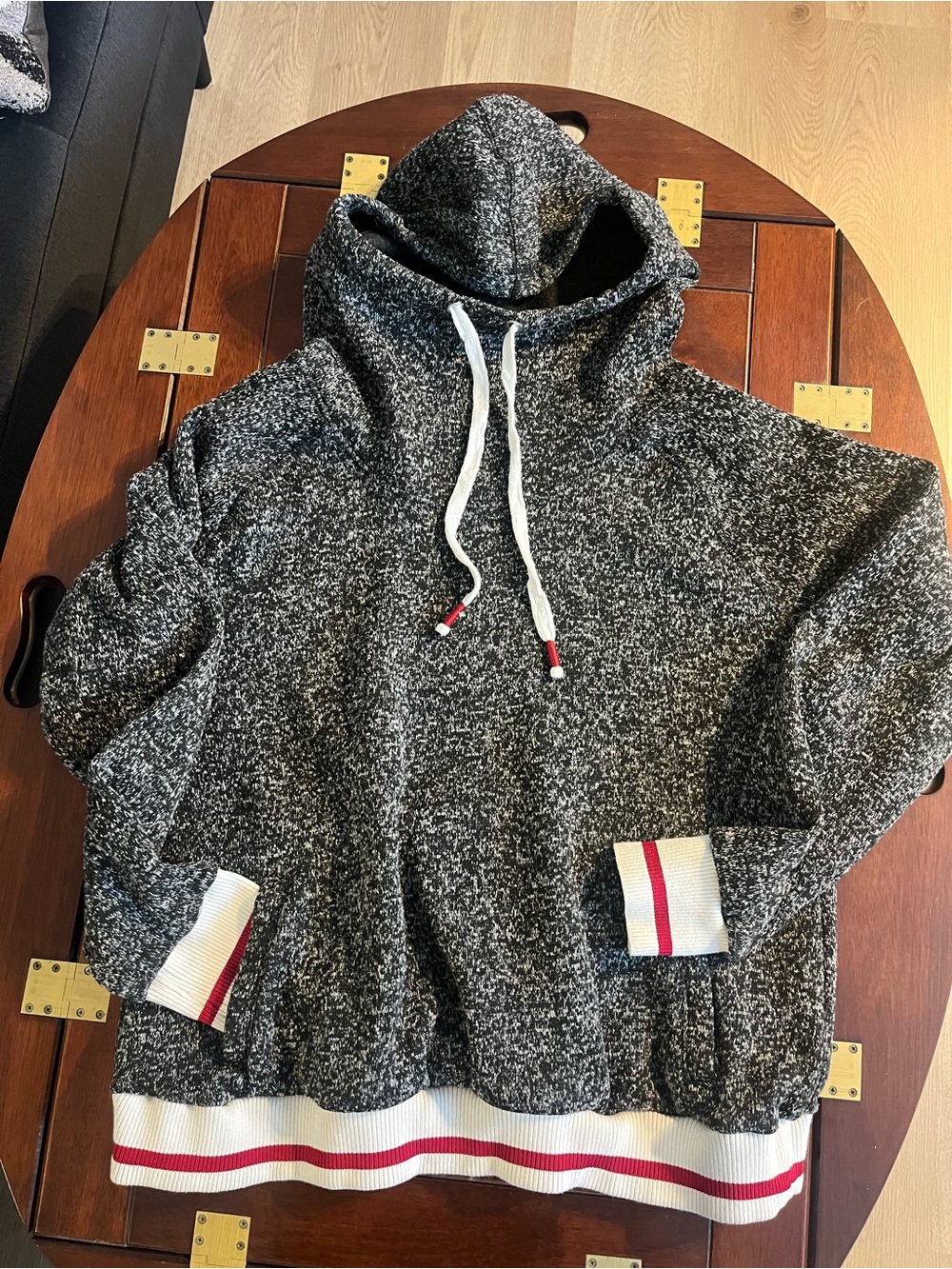 Heathered Black & White Hooded Pullover with Red Stripe Trim